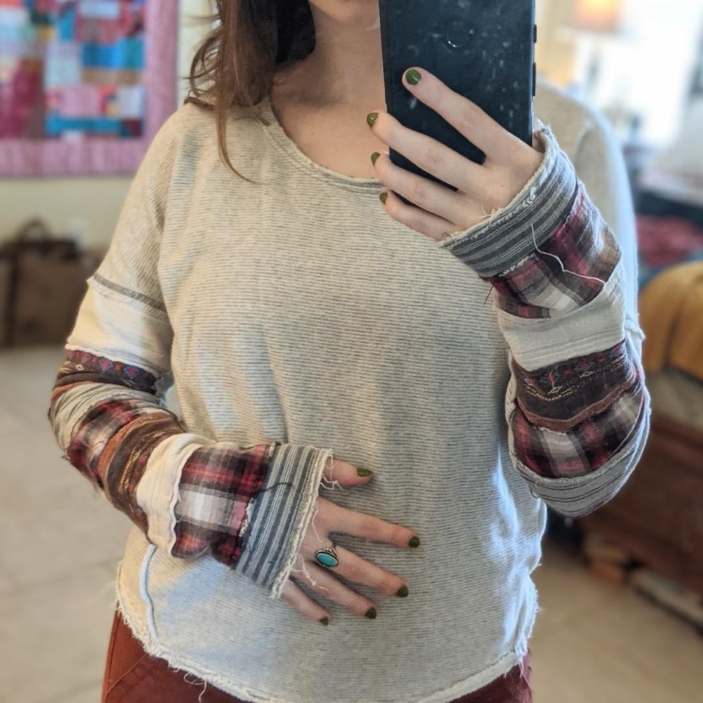Free People Cream and Multicolor Patchwork Sweater